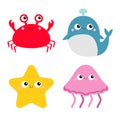 Jellyfish Whale Crab Starfish toy icon set. Big eyes. Yellow star. Cute cartoon kawaii funny baby character. Sea ocean animal Royalty Free Stock Photo