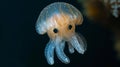 A jellyfish with white spots and a long tail is swimming, AI
