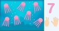 Jellyfishes. Number 7 seven. Learning counting, mathematics.