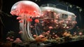 Jellyfishes with old car floating under the sea, Generative AI