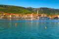 Jelsa old town with harbor and touristic boats, Dalmatia, Croatia