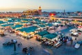 Jemaa el-Fnaa square and market place at dusk.