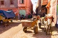 JEMMA DAR FNA, THE MAIN BAZAAR, MARRAKECH, MOROCCO, NOVEMBER 10, 2018. People walking on a corridor surrounded by booths Royalty Free Stock Photo