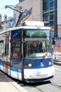 Jena, Germany - May 26, 2023: Jena ADtranz low floor tram, part of the tramway network, opened in 1901 in Jena, Thuringia. It has Royalty Free Stock Photo