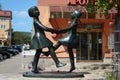 Jena, Germany - May 26, 2023: Dancing girls, a bronze sculpture by Ursula Schneider-Schulz, 1961. Located in Old Town of Jena on