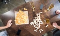 Jenga blocks, beer and chips