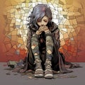 Emotional Anime Comic Girl With Blue And Purple Hair In Dark Mosaic Composition