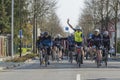 Jens Voigt a former German professional cyclist, leads the field of riders at the start