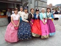 Group of smiling women wearing hanbok, traditional Korean dress in Jeonju