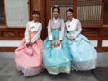Three girls in hanbok, traditional Korean dress in Jeonju