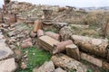 Fragments of columns in the ruins of the great Roman city of Jerash - Gerasa, destroyed by an earthquake in 749 AD, located in Jer