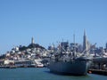 Jeremiah O`Brien and San Francisco Cityscape with Coit Tower and downtown buildings Royalty Free Stock Photo