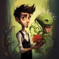 Dark Tim Burton-inspired Illustration Of Jeremy With Carnivorous Plant