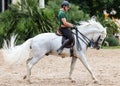 Jerez de la Frontera, Cadiz, Spain - June 17, 2021: Rider performing training exercises with a purebred Andalusian white horse