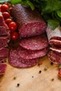 Jerked meat sausage salami selection tasty food
