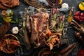 Jerky, dried veal, salted pork and rosemary smoked sausages. Snacks for beer On a black stone background. Royalty Free Stock Photo