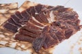 Jerky meat sliced on wooden board Royalty Free Stock Photo