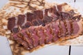 Jerky meat sliced on wooden board Royalty Free Stock Photo