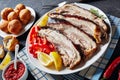 Jerky pork belly cut in slices, close-up