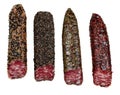 Jerky pork sausage with spices, similar to fouettes, chorizo and saucisson. Closeup of charcuterie meat products food photography