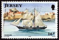 JERSEY - CIRCA 1992: A stamp printed in United Kingdom from the `Jersey Shipbuilding` issue shows Tickler brigantine Royalty Free Stock Photo