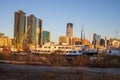 New York City downtown skyline. Financial district and World Trade Center. View from New Jersey shipyard. Royalty Free Stock Photo