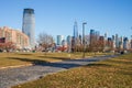 New York City downtown skyline. Financial district and World Trade Center. View from New Jersey shipyard. Royalty Free Stock Photo