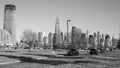 New York City downtown skyline. Financial district and World Trade Center. View from New Jersey shipyard. Royalty Free Stock Photo