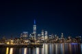 Wide angle landscape view of New York City`s skyline at night. Seen from the Jersey City Royalty Free Stock Photo