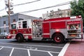 Jersey City, USA - June 30, 2023: firetruck truck red color Fire Department side view