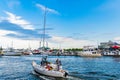 Jersey City, USA - June 28, 2023: Motor sailboat at Liberty Landing Marina on Hudson River