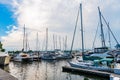 Jersey City, USA - June 28, 2023: Yacht and sailboat docked at Liberty Landing Marina on Hudson River