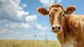 Jersey cow in a field under blue sky. Rural farm animal scene