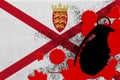 Jersey flag and MK2 frag grenade in red blood. Concept for terror attack or military operations with lethal outcome