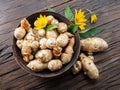 Jerusalem artichoke roots with leaves and flower of Jerusalem artichoke on a old wooden table Royalty Free Stock Photo