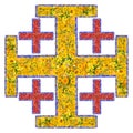 Jerusalem Cross .also known as the Crusader`s Cross isolated from flowers