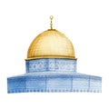 Jerusalem Dome of the Rock Muslim mosque watercolor illustration. Qubbat as Sakhra in Al Aqsa on Temple Mount in Israel