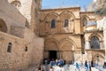 Jerusalem, Israel - 10 April, 2023. Crowd of tourists and pilgrims at the line to enter the church of holy sepulchre Saturday of