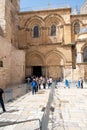 Jerusalem, Israel - 10 April, 2023. Crowd of tourists and pilgrims at the line to enter the church of holy sepulchre Saturday of Royalty Free Stock Photo