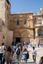 Jerusalem, Israel - 10 April, 2023. Crowd of tourists and pilgrims at the line to enter the church of holy sepulchre Saturday of