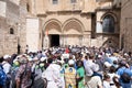 Jerusalem, Israel - 10 April, 2023. Crowd of tourists and pilgrims waiting to enter the church of holy sepulchre at the good