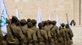 Junior Israeli Defence Force soldiers in uniform pay homage at Jerusalem`s Wailing Wall in the Old City