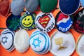 JERUSALEM, ISRAEL - APRIL 2017: Kippahs Yarmulkes Jewish Hats Co