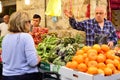 JERUSALEM, ISRAEL - APRIL 2017: Market sketch, Israeli trade, seller and buyer in Israely Market Mahane Yehuda, Jerusalem