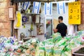 JERUSALEM, ISRAEL - APRIL 2017: Market sketch, Israeli trade, seller in Israely Market Mahane Yehuda, Jerusalem Royalty Free Stock Photo