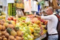 JERUSALEM, ISRAEL - APRIL 2017: Market sketch, Israeli trade, seller in Israely Market Mahane Yehuda, Jerusalem Royalty Free Stock Photo