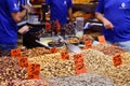 JERUSALEM, ISRAEL - APRIL 2017: Nuts in Israely Market Mahane Yehuda, Jerusalem Royalty Free Stock Photo