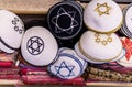 JERUSALEM, ISRAEL - April 2, 2018: several kippah caps at east market in old Jerusalem.