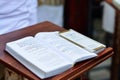 JERUSALEM, ISRAEL - APRIL 2017: Talmud Tora Tanach Books lying on table during prayer in Bar Mitzwa Ceremony at the Western Wall