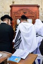 JERUSALEM, ISRAEL - APRIL 2017: Talmud Tora Tanach Books lying on table during prayer in Bar Mitzwa Ceremony at the Western Wall J